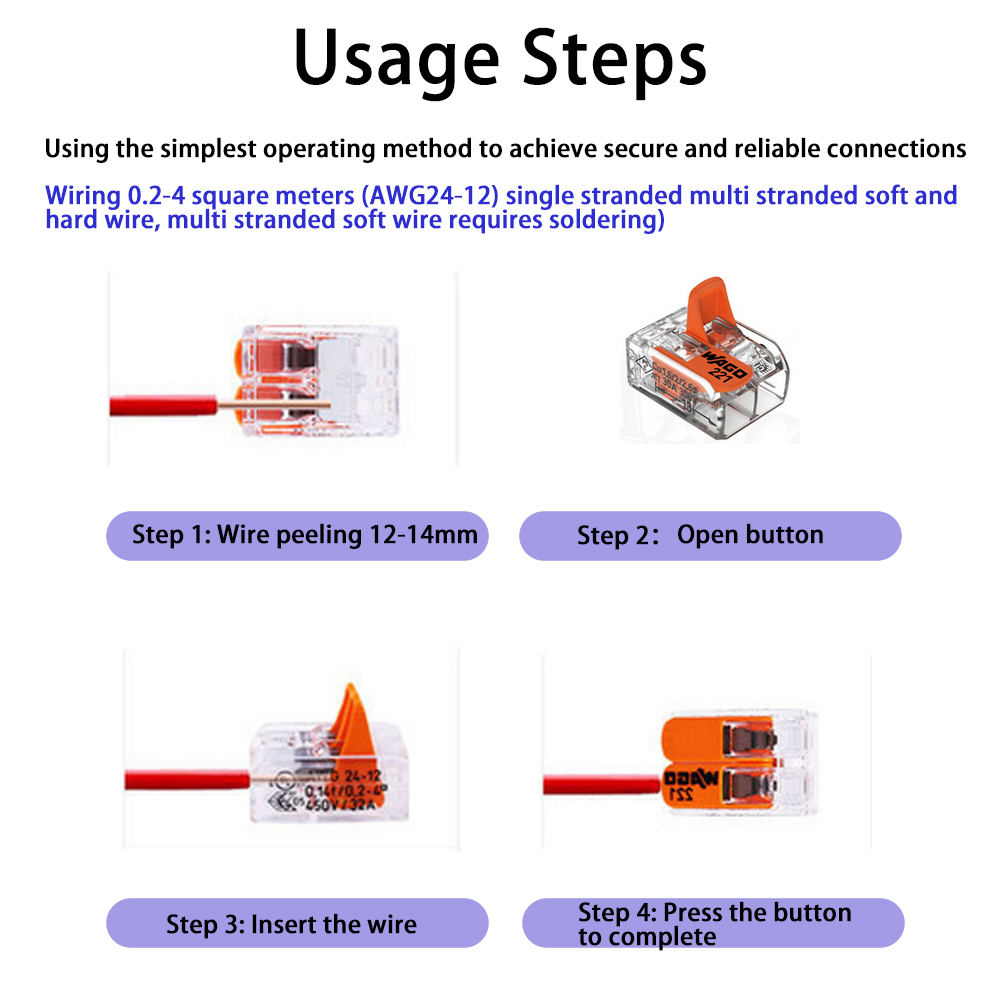 WAGO 221-412 2 Way Push-In Wire Connector – Original WAGO Lever Terminal Block for 0.5–2.5mm² Cables, 32A 450V