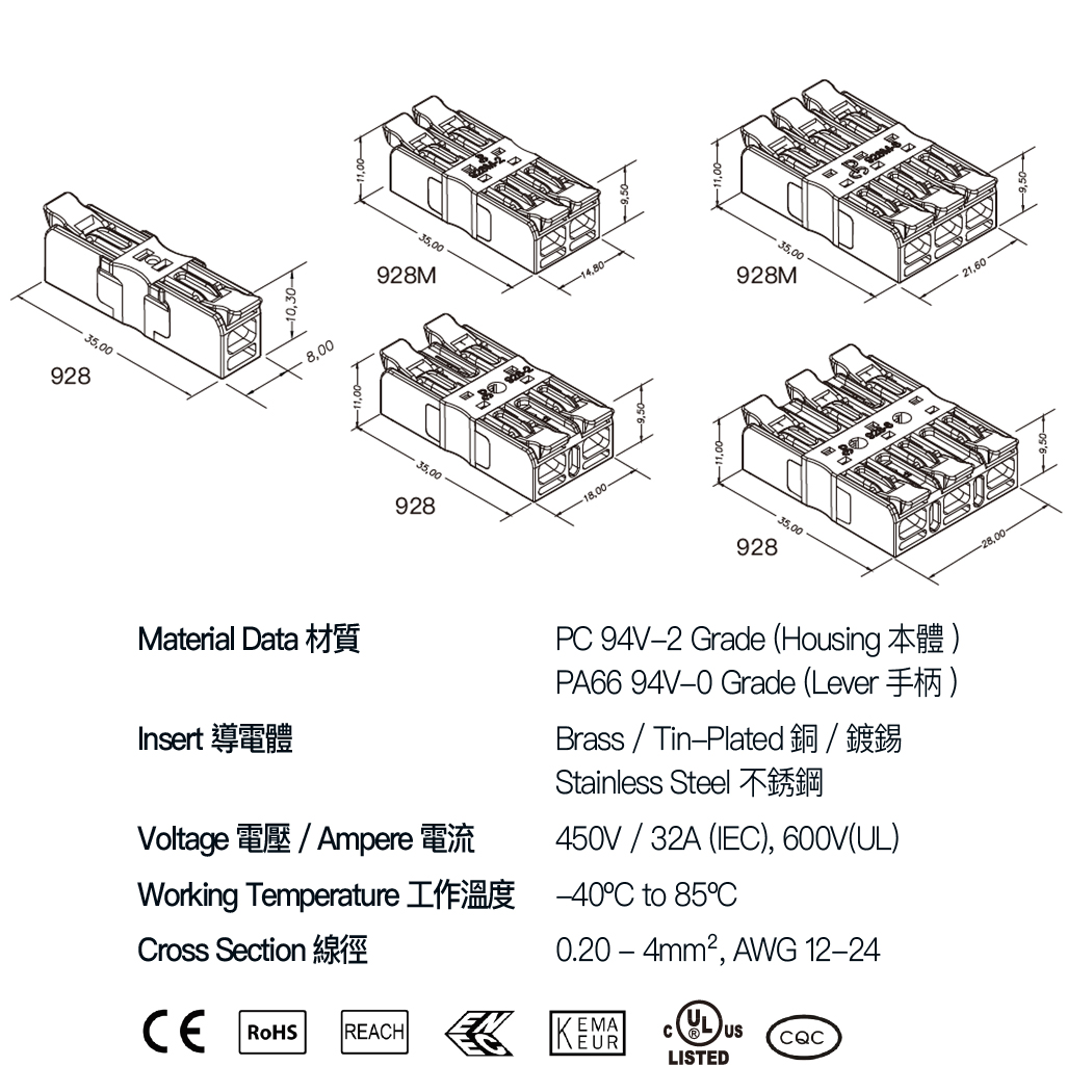 Lever Wire Connectors Set – Fast Connection 3-Pin Compact Splice Electrical Terminal, Assorted Wire Connectors 0.2–4mm², 32A 450V