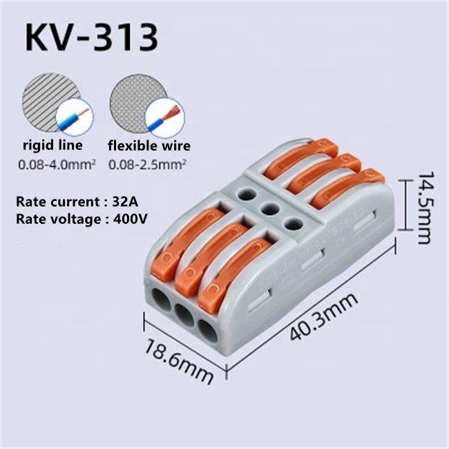 KV313-O 3 In 3 Out 32A 400V Compact Splicing Push Wire Connector with Orange Handle for Auto Electrical Terminal Block Applications